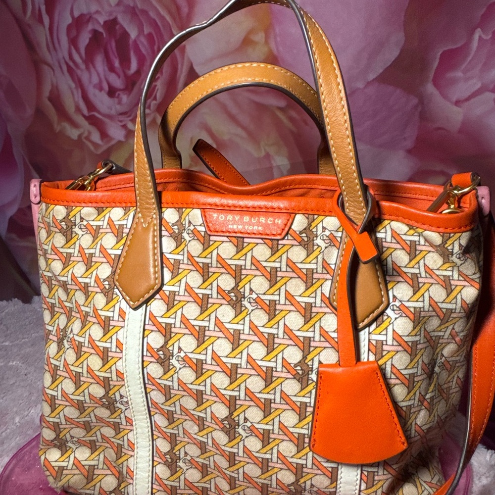 Tory Burch Orange and Tan Patterned Tote
